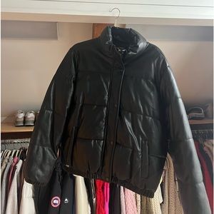 Black leather puffer jacket